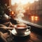 Hot cup of tea sits on window sill with steamy window