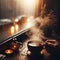 Hot cup of tea sits on window sill with steamy window