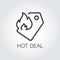 Hot deal outline icon. Price-tag with fire sign. Promotion and advertising contour graphic pictograph
