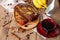 Hot dessert banana cake on the wooden table with cinnamon