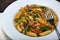 Hot dish of Penne Rigate noodles with Sauted Chopped Vegetables in Juliana.