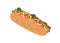 Hot-dog, american sandwich with meat sausage and vegetables between long buns. Hotdog, street fast food, snack with