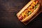 hot dog bar-b-q american meat fast background sausage bread food sauce. Generative AI.