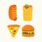 Hot dog, burrito, pizza, burger, cheeseburger