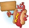 Hot Dog Cartoon Holding a Blank Wooden Sign