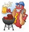 Hot Dog Cartoon Tailgating with Beer and BBQ Cartoon Character