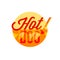 Hot dog with flame vector emblem. Red and yellow hotdog street food vector icon