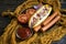 Hot dog gourmet picnic board tomato a wooden background traditional sauce ingredients