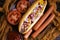 Hot dog  gourmet  a wooden background traditional sauce ingredients