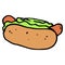 hot dog icon color. with handmade street food hot dogs in doodle style, black outline, brown bun with sausage and green