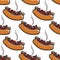 Hot dog with ketchup and fried onions seamless pattern