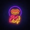 Hot dog logo in neon style design template. Hot dog neon signs, light banner, neon symbol fast food emblem, American