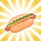 Hot Dog with mustard and lettuce on retro radial background. Vector flat illustration