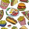 Hot dog with one sausage, burger, sandwich, tacos, popcorn, chips, french fries, pizza with salami, bacon and eggs on plate