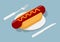 Hot dog on plate isometric. 3D fast food. Cutlery fork and knife