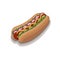 Hot dog with sausage, lettuce, radish, mustard, cucumber, white background