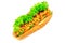 Hot dog with sausage, lettuce, tomato, cucumber, ketchup and mustard on white background.