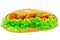 Hot dog with sausage, lettuce, tomato, cucumber, ketchup and mustard on white background.