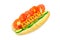 Hot dog with sausage, tomato, cucumber, ketchup and mustard on white background.