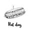 Hot dog sketch hand drawn. Fast food retro illustration. Fresh bun with grilled sausage and mustard or ketchup and lettuce leaves.