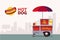 Hot dog street cart. Fast food stand vendor service. Kiosk seller business. Flat banner. Vector illustration.