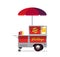 Hot dog street cart. Fast food stand vendor service. Kiosk seller business. Flat style. Vector illustration.