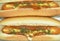 Hot dog stuffed smoky pork sausage dressing mayonnaise sauce and ketchup topping oregano  on white background