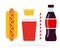 Hot dog, tall plastic cup for drinks, soda in a bottle, straws, mustard container