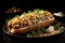 A hot dog with toppings on a black plate. Bratwurst, German dish.