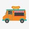 Hot dog truck. Fast food van with signboard in form of tasty hot-dog. Vector illustration.