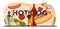 Hot dog typographic header. Unhealthy fast food cooking, american snack