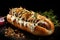 A hot dog with white sauce, fried onions and herbs on a black background