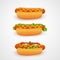 Hot dogs with different ingredients: mustard, lettuce, tomato, onion and cucumber on a white background.