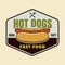 Hot dogs fast food restaurant menu vector colorful emblem, badge, label, sticker or logo in cartoon style isolated on