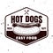 Hot dogs fast food restaurant menu vector monochrome emblem, badge, label, sticker or logo in vintage style isolated on