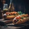 Hot Dogs On Stone In Rustic Pub. Generative AI