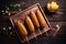 Hot dogs on a wooden tray with corn on the cob AI generation