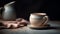 Hot drink in rustic pottery mug on table generated by AI