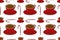 Hot drink seamles pattern. Coffee shop collection. Cups of coffee with sweets and spices. Textile and packaging design.