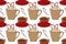 Hot drink seamles pattern. Coffee shop collection. Cups of coffee with sweets and spices. Textile and packaging design.