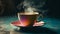 Hot drink steams on wood table backdrop generated by AI