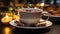 Hot drink on wooden table, coffee cup, winter relaxation generated by AI