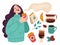 Hot drinks. Girl with take away coffee cardboard cup, morning beverage and croissant, woman in cozy sweater, color