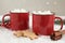 Hot drinks with marshmallows in red cups, cookies and cinnamon on snow