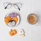 Hot espresso coffee  or chocolate cup with funny Halloween Cookies. Happy Halloween day, Trick or Threat, Hello October, fall