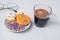 Hot espresso coffee  or chocolate cup with funny Halloween Cookies. Happy Halloween day, Trick or Threat, Hello October, fall