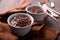 Hot festive French dessert. Chocolate pudding in Ceramic Bakeware. top view