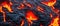 Hot fiery lava flowing on basalt, dark volcanic rock, 3d render