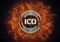 Hot on fire glowing ICO Initial Coin Offering led hologram surrounded by illustration flames.