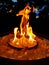 Hot flames in firepit with glass rock at night in the summer.